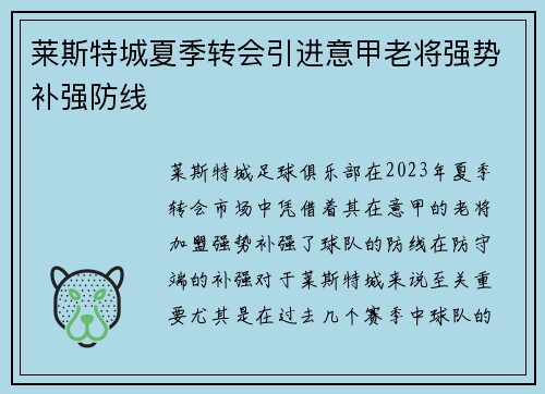 莱斯特城夏季转会引进意甲老将强势补强防线