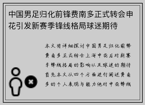 中国男足归化前锋费南多正式转会申花引发新赛季锋线格局球迷期待